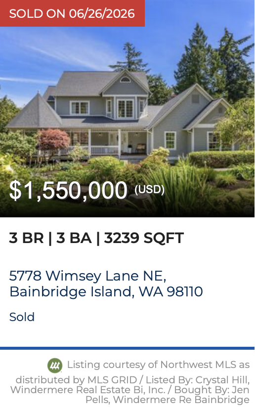 Wimsey Lane on Bainbridge Island. Sold by Jen Pells Windermere Bainbridge.
